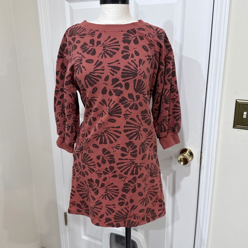Pact Organic Cotton Sweatshirt Dress Rust Brown Botanical Leaf Print Mini Small